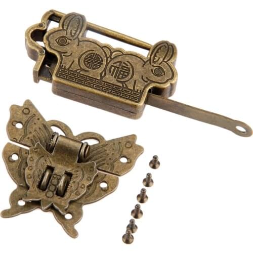 Zinc Alloy Antique Bronze Chinese Style Rabbit Keyed Padlock and Box Toggle Butterfly Latch Hasp for Jewelry Chest Box Suitcase