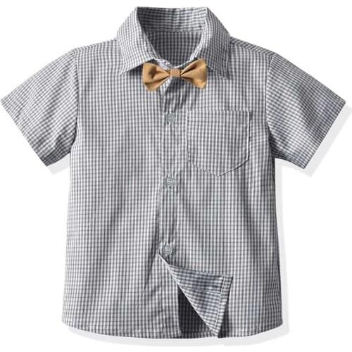 Baby Toddler Shirts Summer Boys Clothes Plaid Bow Tie Short Sleeve Formal Kids Shirt For Boys Children Tops