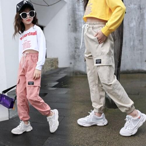 Girls Cargo Pants 2021 New Kids' Wear 4-13T Autumn Solid Color Kids Cotton Trousers Teenage Clothing Elastic Waist Cargo Pants