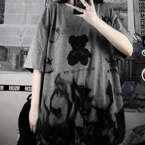 Cute Bear Tshirt Anime Tees Streetwear Oversized Summer T Shirt Women Punk Goth Short Sleeves T-shirts Tops Hip Hop Tshirt Girls