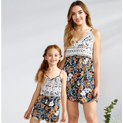 PatPat New Summer Lace Stitching Floral Print Sling Rompers for Mommy-girl-baby