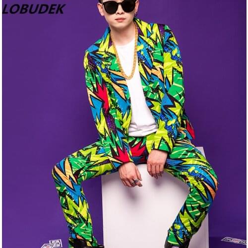Bar Nightclub Concert Mens Singer Floral Suit Green Geometric Pattern Graffiti Blazers Pants 2-Piece Set Performance Stage Wear