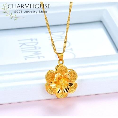 24K Real Gold Filled Necklaces For Women Flower Pendant & Necklace Chain 18 inch Collier Femme Wedding Bridal Jewelry Bijoux