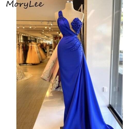 Prom Dresses Royal Blue One Shoulder Spandex Satin Crystal Mermaid Prom Dresses With Zipper Back vestidos de fiesta de noche