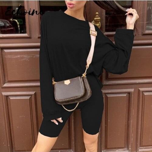 Casual Loose Women Two Pieces Set Long Sleeve O Neck Women Solid Color Pajama Set Short Tracksuit Female Sport Plus Size Suits