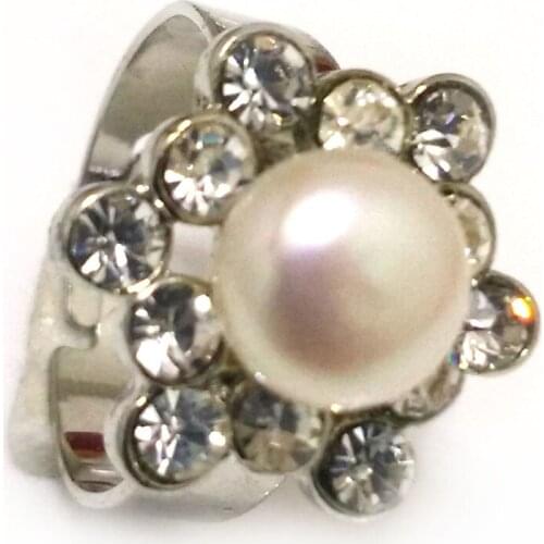 8# 9-10mm Natural White Button Pearl & Cubic Zirconia Flower Adjustable Ring