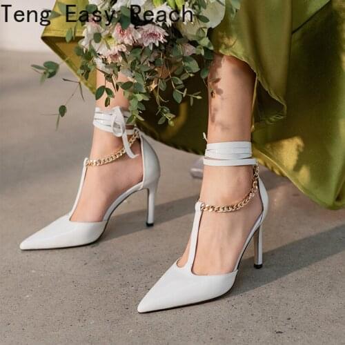Pointed Toe High Heel Sandals Women Real Leather Narrow Band Metal Decor Ankle Strap Sandalias Summer Sexy Party Shoes