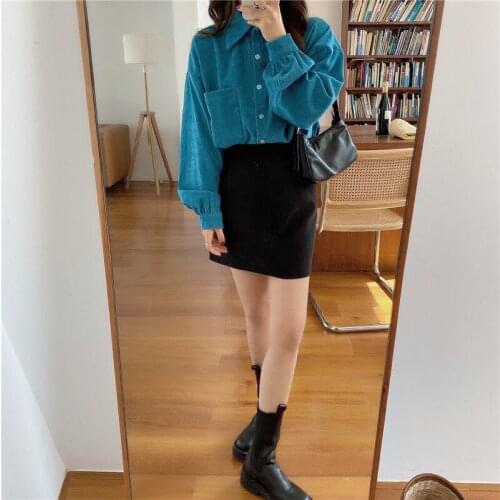 Spring Women Pocket Lantern Sleeve Blouse Female Loose Blue Casual Corduroy Shirt Lady Turn Down Collar Korean Tops