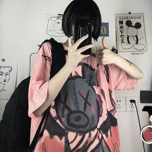 Harajuku Pastel Goth Tshirt Pink Short Sleeve Kawaii T Shirt for Women Teenage Girl Korean Clothes Streetwear Gothic Graphic