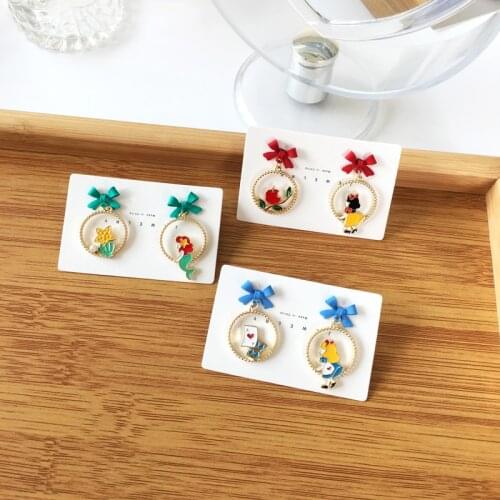 S925 Needle Cute Alice running princess fairy tale asymmetric bow mermaid enamel earrings for women