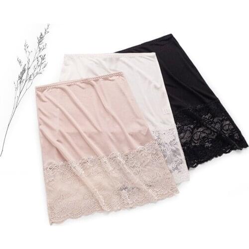 Mulberry Silk Knitted Women Imitation Loose Safety Shorts Sleep Lounge Slip Bloomer Pants Floral Lace Trim Solid Color