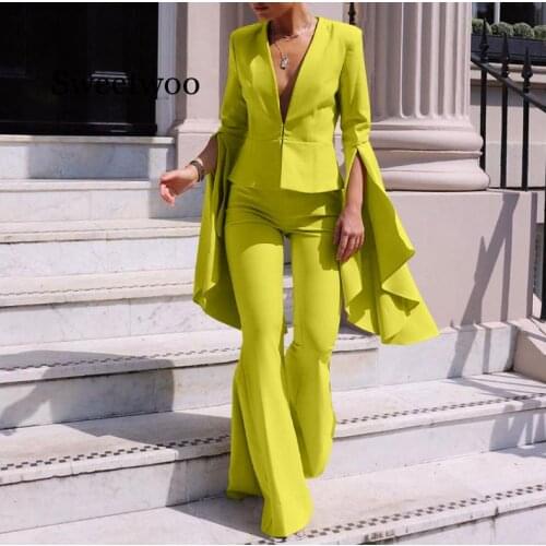 Women Elegant Suits Trouser Split Long Sleeve Blazer and Pants Suits Fashion Solid Irregular Two Piece Suits