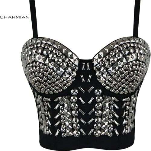 Charmian Womens Sexy Punk Sliver Rivet Bra Crop Top Burlesque Dance Clubwear Body Shapewear Cincher Corsets and Bustiers