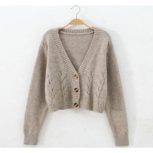 2021 Vintage Knit Sweater Womens Autumn Knitted Cropped Cardigan Jumper Women Jacket Tops Sweaters Crochet Brown Top Preppy
