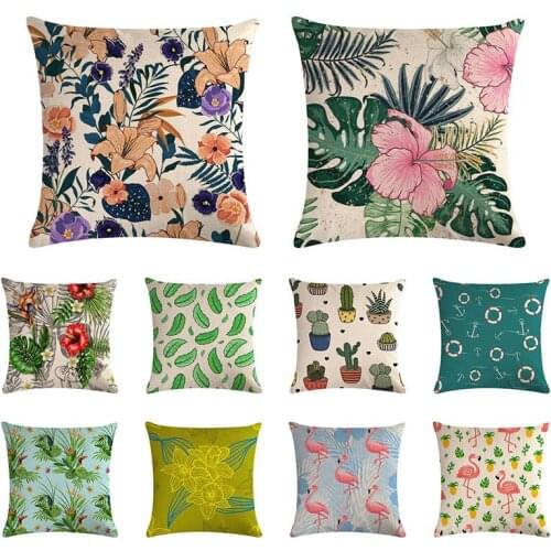 18*18'' Tropical Plants Green Leaves Floral Tree Flower Cushion Cover Decorative Beige Linen Pillow Case Cover