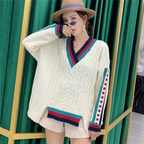 2020 Winter Women New Gentle Casual V-neck Loose Soft Minimalist Panelled Long Sleeve Pullover Knitting Sweater C629