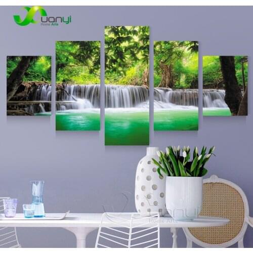 5 Panel Modern Wall Decor Waterfall Landscape Painting Canvas Prints Art Unframed Waterfall Landscape Painting For Living Room