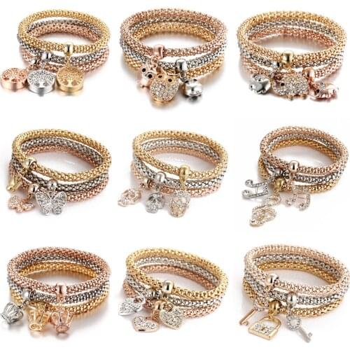 3colors/Lot Elastic Bracelets & Bangle For Women Crystal Tree of Life Owl Key lock Music Note Owl Butterfly Heart Charm Jewelry
