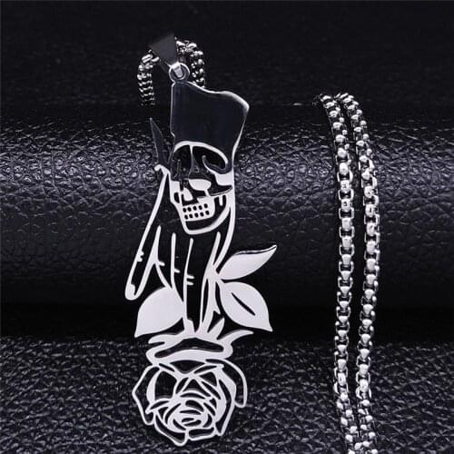 Goth Hand Skull Rose Stainless Steel Statement Necklace Women Silver Color Necklaces Jewelry acero inoxidable joyeria N4427S02