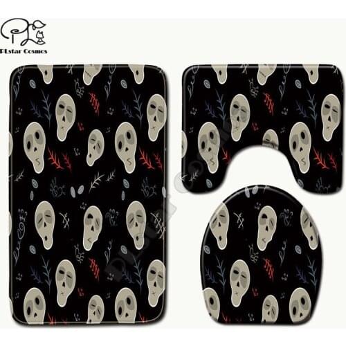 Skull head halloween pattern 3D printed Bathroom Pedestal Rug Lid Toilet Cover Bath Mat Set drop shipping style-3