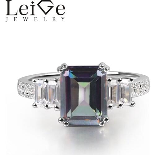 Leige Jewelry Mystic Topaz Ring Emerald Cut Rainbow Gemstone Prong Setting 925 Sterling Silver for Women Engagement Ring