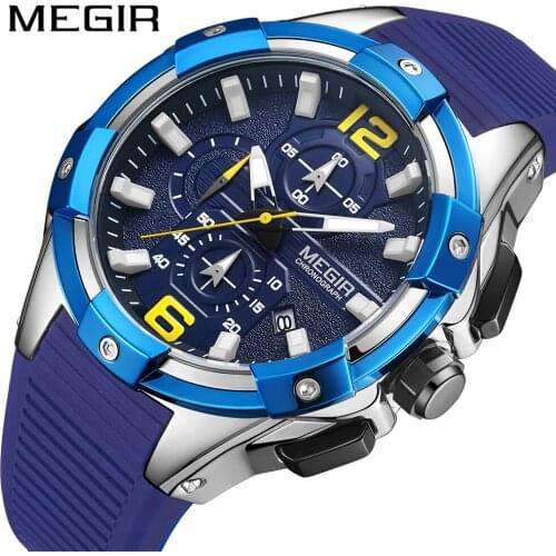 MEGIR Blue Casual Silicone Strap Fashion Quartz Watch Mens Watches Top Brand Luxury Waterproof Sport Clock Relogio Masculino
