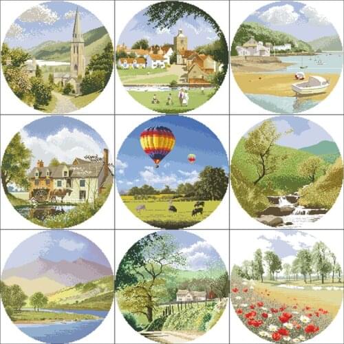 14/22/25ct Counted Cross Stitches Kit Landscape Series scenery hot air balloon Lakeside church village Mountain Stream flowers