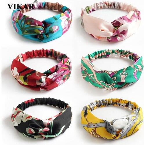 VIKAR Women Satin Geranium Print Headband Hair Accessories Elastic Hair Band Bandanas Hairbands Headwrap Sweet Knotted Headwear