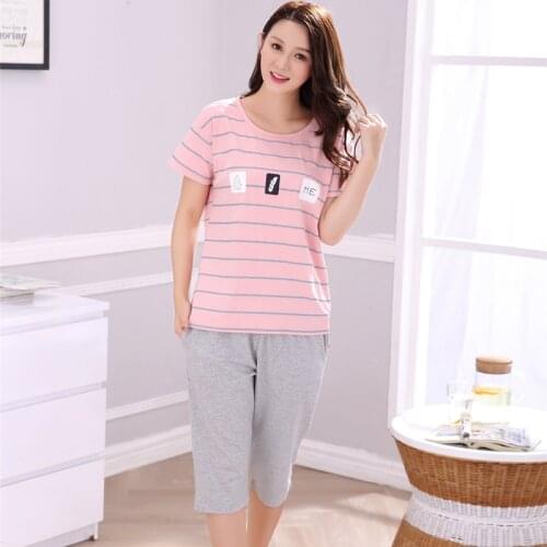 Plus Size Cotton Striped Pajama Sets for Women Summer Short Sleeve Cartoon Pyjama Girls Knee Length Loungewear Homewear Clothing