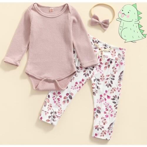3 Pcs Newborn Casual Outfits, Toddler Solid Color Long Sleeve Round Neck Playsuit + Plant Print Trousers + Bow Headband