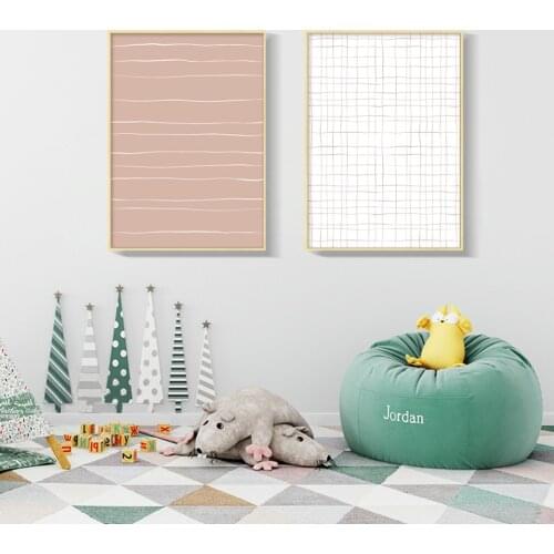 Simple Geometry Wall Art Canvas Painting Cartoon Pink White Line Grid Abstract Picture and Posters for Baby Kids Room Home Decor