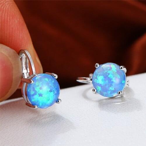 Simple Female Blue Opal Stone Earrings Classic Silver Color Small Clip Earrings For Women Cute Bridal Round Wedding Earrings