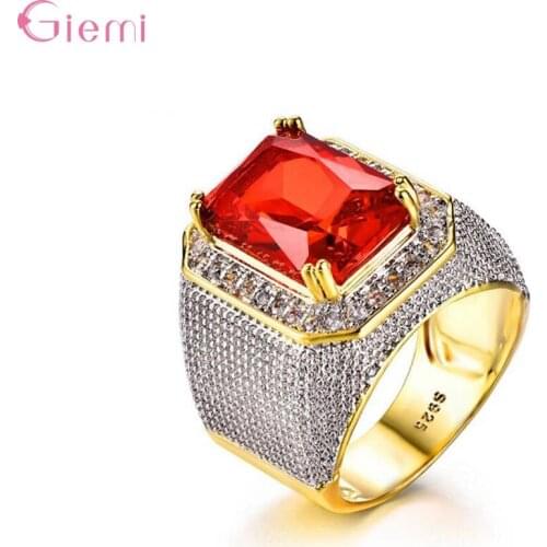 Luxury Fashion 925 Sterling Silver Large Red Rhinestone Ring Puffed Bling Cubic Zircon Hiphop Rock Jewelry Gift