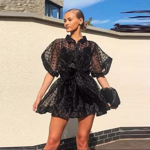 Sexy Women See Through Party Mesh Sheer Dress Tulle Lace Dot Print Dress Short Sleeve High Waist Lace-up Beach Dress White Black