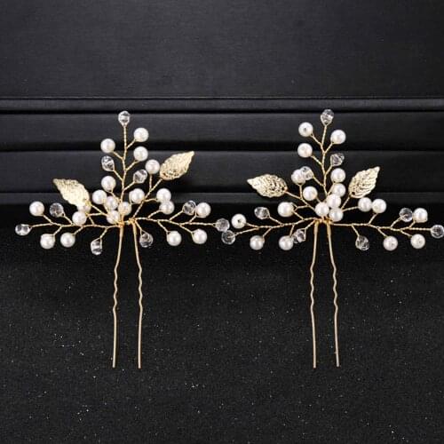 2pcs Handmade Hairpin Faux Pearl Crystal Hair Pin Gold Color Leaf Headdress Brides Jewelry Hair Accessories ML