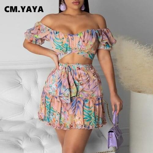 CM.YAYA Foral Beach Bohemian Womens Tracksuit Mini Pleated Skirts Set with Crop Tops Matching Two 2 Piece Set Active Sweatsuit