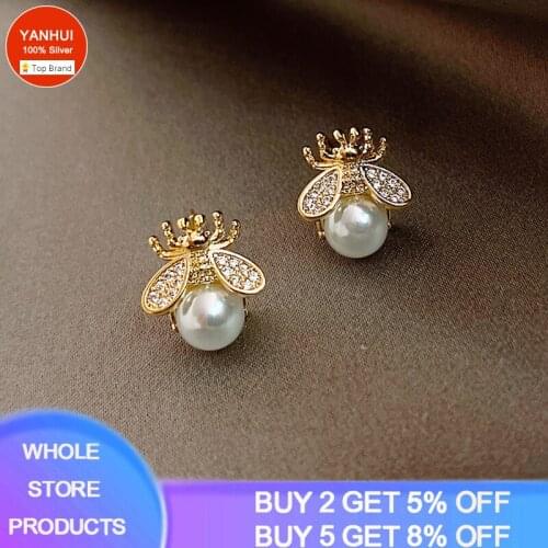 2021 Korean New Exquisite Honey Bee Pearl Earrings Fashion Temperament Versatile Small Earrings Elegant Ladies Jewelry E0023