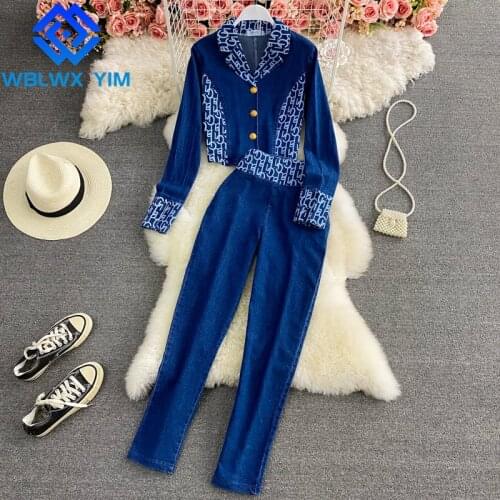 Fashion Denim Two piece set Women Notched Collar Long Sleeve Short Denim Coat + High Waist Denim Pencil Pants 2 piece set women