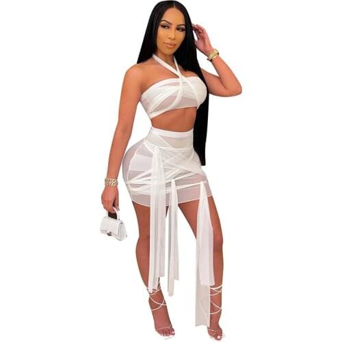 TYJTJY Summer Sundresses Skirts For Women Pure Color Mesh Cross Straps Sexy Two Piece Set Women Skirt Party Club Vacation Beach