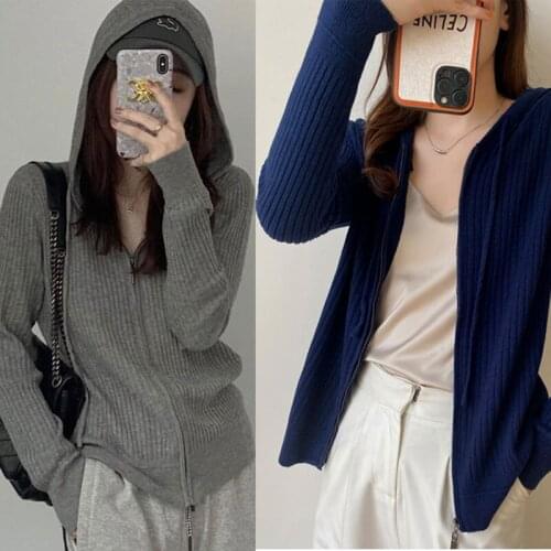 2021 Autumn Winter Womens Knitted Cardigan Sweater Zipper Fashion Coat Solid Woman Warm Drawstring Hoodie Ladies Jumper