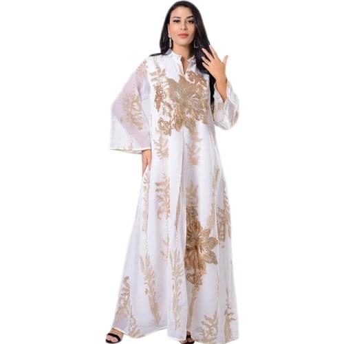 Golden Sequin Embroidery Kaftan Abaya Dubai Turkey Muslim Hijab Dress Jalabiya Ramadan Eid Islamic Clothing Musulman Vestidos
