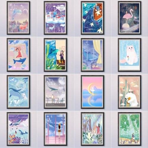 1-4 Simple Aesthetic Dream Childrens Indoor Art Decoration Illustration Animal Landscape Multicolour Wall Silk HD Poster Gift