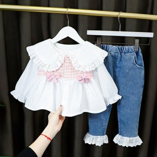 Girls Princess 2pcs/set Clothes Set Baby Kids Children Spring Autumn Long Sleeve bow printing Blouse Shirt blouse+Jeans Pant
