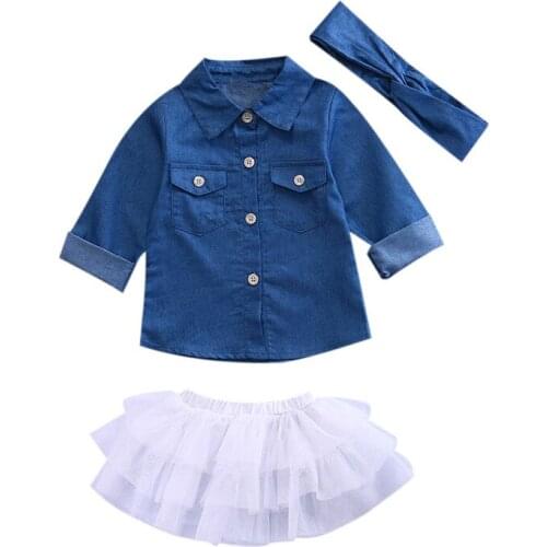 3PCS Baby Girl Clothes Set Toddler Kids Denim Tops T-shirt+Tutu Skirt Headband Outfits Fall 2017 Cowboy Suit Children Set 0-5Y