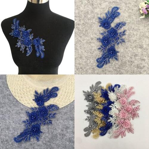 3D flower Embroidery Applique Polyester lace and ornament sewing Lace collar DIY ABS pearl Trim Lace fabric Dress Accessories