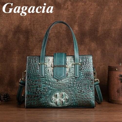 Gagacia Genuine Leather Handbag For Women Vintage Crocodile Pattern Messenger Shoulder Bag 2021 New Luxury Designer Tote Bags
