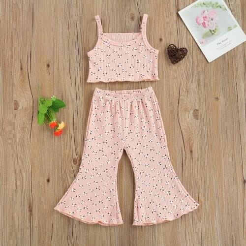 2021 2 Pcs Toddler Floral Outfits, Baby Girl Sleeveless Spaghetti Strap U-shaped Neck Tank Top + Flared Pants (Pink)
