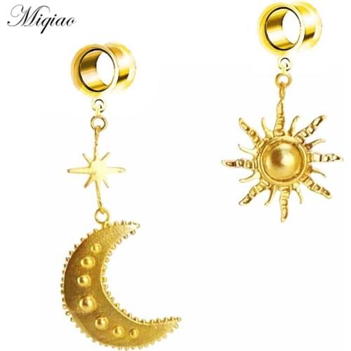Miqiao 2pcs Retro Stainless Steel Irregular Moon Sun Double Horn Ear Amplifier 6mm-25mm Body Exquisite Piercing Jewelry