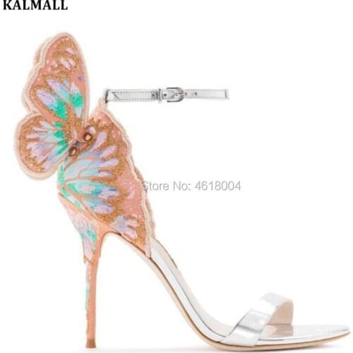 KALMALL Fashion Embroidered Butterfly Wings Sandals Women Party Strap High Heels Patchwork Open Toe Stilettos Dress Sandals