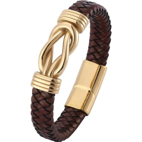 Punk Bracelet Men Brown Leather Stainless Steel Unique Knot Shape Wristband Magnet Buckle Bracelets Male Jewelry Gift BB0750